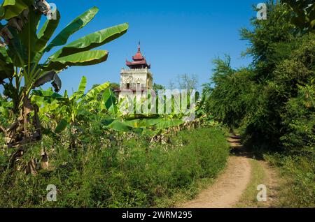 Der Nan Myint Watch Tower ist die einzige erhaltene Struktur des Königspalastes von König Bagyidaw in Inwa (Ava) in Myanmar. Ländliche Straße entlang der Bananenplantage an Stockfoto