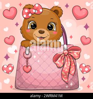 Der süße Cartoon-Bär trägt eine Haarschleife und sitzt in der Handtasche einer Frau. Vektorillustration eines Tieres auf rotem Hintergrund mit Herzen. Stock Vektor