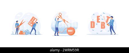 Person fängt eine Kreditkartenschuld ein.Schuldenschnitt. Geschäftsmann schneidet das Wort Schulden mit einem Schwert. Schuldenschnitt setzt flache Vektor-moderne Illustration Stock Vektor