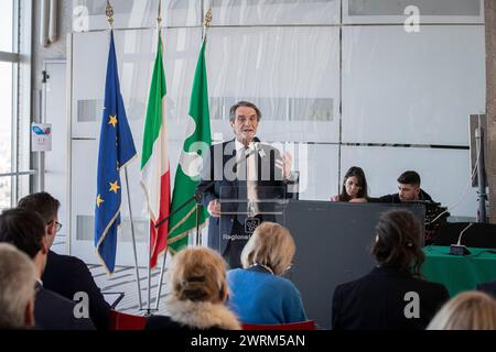 Mailand, Italien. März 2024. Attilio Fontana Presidente di Regione LombardiaMilano, Italia - Cronaca Martedì, Marzo 12, 2024. (Foto di Marco Ottico/Lapresse) Konferenz über die Zusammenarbeit bei der Verwertung von konfiszierten Vermögenswerten Mailand, Italien - Nachrichten Dienstag, 12. März 2024. (Foto: Marco Ottico/Lapresse) Credit: LaPresse/Alamy Live News Stockfoto