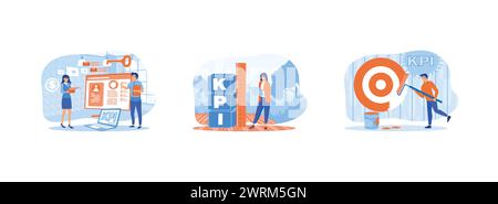 Mitarbeiterbewertung. Bewerten Sie den Erfolg, oder erreichen Sie das Ziel. Leistungsindikatoren. Key Performance Indicators KPI Flat Vector Moderne Illustration Stock Vektor