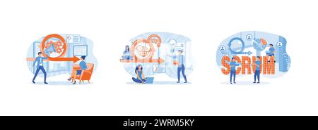 Softwareentwicklung. Scrum Meeting-Gespräch, das auf dem Laptop arbeitet. Scrum-Framework. Scrum Framework Set Flat Vektor Moderne Illustration Stock Vektor