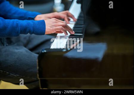 Männliche Hände spielen Klavier. In Innenräumen. Stockfoto
