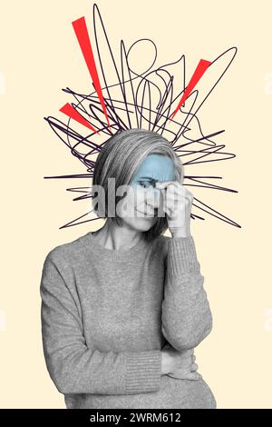 Vertikale kreative Composite-Foto-Collage von Frau leiden an Migräne Kopfschmerzen Finger berühren Nasenbrücke isoliert gezeichneter Hintergrund Stockfoto