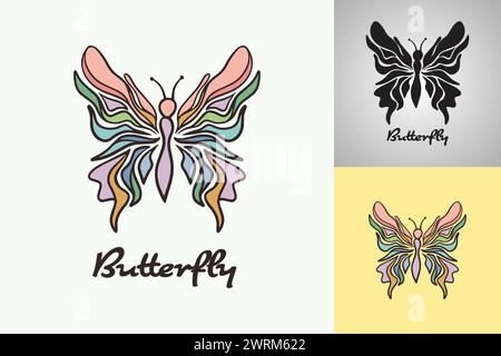 Bunte Schmetterlinge mit dem Wort „Schmetterling“ darunter. Schmetterlingsset im Doodle-Stil Stock Vektor