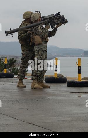 Cameron Marcum, ein Luftverteidiger in niedriger Höhe, mit 3. Low Altitude Air Defense Battalion, 3. Marine Air Wing Stockfoto