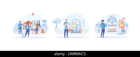 Mobile Bezahlung über das Internet. Man bezahlt Rechnungen online über das Mobiltelefon. Hände Mann, der Handys mit unterschiedlicher Zahlungsart hält. Internet Banking 2-Set Wohnung Stock Vektor
