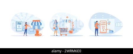Cashback. Bonusprogramm. Gibt den Prozentsatz des Geldes zurück. Cashback 2 Satz flache Vektor moderne Illustration Stock Vektor