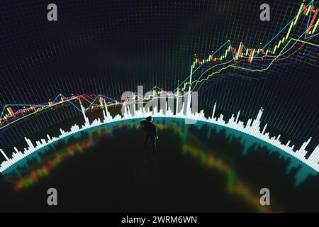 Diagramm Preisbewegungen mit Indikatoren und Volumen. Der Trader analysiert die Kursbewegung auf einem riesigen Trading Chart. Ein Geschäftsmann-Investor beobachtet ein i Stockfoto