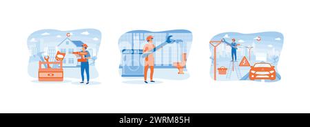 Tischlerservice. Empfang von Toilettenreparaturen im Badezimmer. Auto repariert Elektrizität. Hauspflege 1 Satz flache Vektor Moderne Illustration Stock Vektor