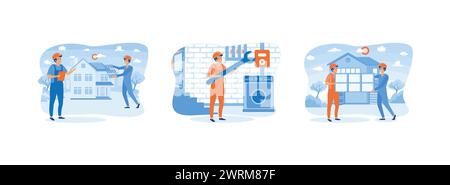 Renovierung des Hauses auf dem Dach. Austausch und Einbau von Fenstern und Türen. Kellerservice. Home Maintenance 2 Set flache Vektor Moderne Illustration Stock Vektor