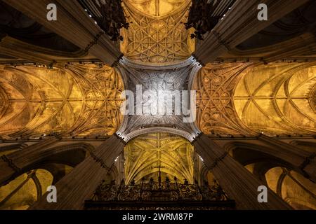 Kathedrale von Sevilla (Catedral de Sevilla) majestätisches Interieur, beeindruckende gotische Rippengewölbe, Decke der größten mittelalterlichen Kirche der Welt Stockfoto