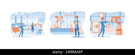 Intelligente Industrie.Industrie Fabrik arbeitet Roboterarm. Innovative Fertigung. Intelligente Industrie Set flache Vektor moderne Illustration Stock Vektor