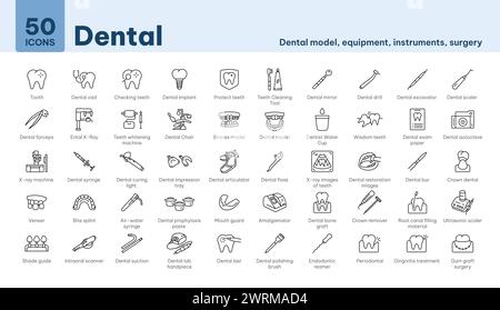 Icons Zahnheilkunde, Zahn, Besuch, Implantat, Spiegel, Bohrer, entales Röntgenbild, Stuhl, Zahnmodell, Weisheitszähne, Syringem, Dentallockenlicht Stock Vektor