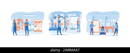 Smart Factory. Produktionslinie mit Arbeitern. Freigeben von Mediendaten an ein System. Intelligente Industrie Set flache Vektor moderne Illustration Stock Vektor