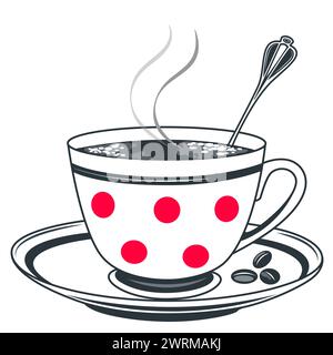 Kaffee-Heißgetränk-Tasse auf einer Untertasse mit isoliertem Vektorbild Bohnen Stock Vektor