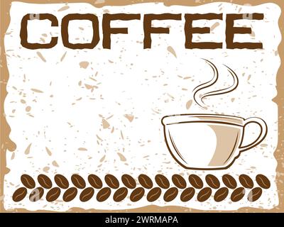 Kaffee Banner mit heißer Kaffeetasse und Bohnen Grunge Textur Vektor Illustration Stock Vektor