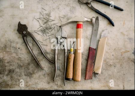 Eine Sammlung von Schuhmacherwerkzeugen, darunter Zangen, Hammer und Nägel, die auf einer gebrauchten Werkbank aufgestellt sind und die traditionelle Handwerkskunst Österreichs widerspiegeln. Stockfoto