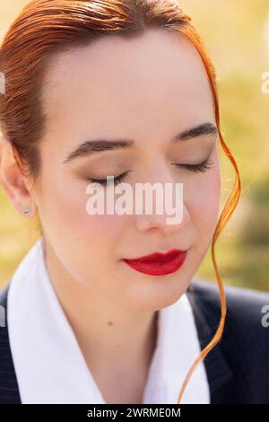 Ein detailreiches Porträt einer Flugbegleiterin, die ihr professionelles Make-up und ihren ausgeglichenen Ausdruck zeigt und die Eleganz der Luftfahrtindustrie widerspiegelt Stockfoto
