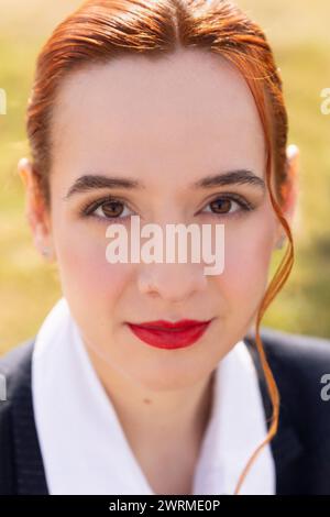 Ein detailreiches Porträt einer Flugbegleiterin, die ihr professionelles Make-up und ihren ausgeglichenen Ausdruck zeigt und die Eleganz der Luftfahrtindustrie widerspiegelt Stockfoto