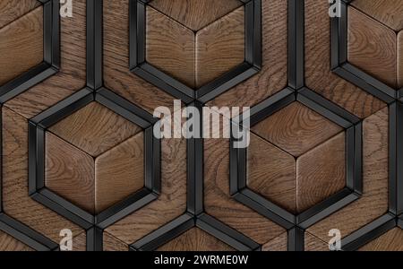 3D-Fliesen aus edlen Holzelementen und schwarzen Dekoelementen. Hochwertiges, nahtloses, realistisches Muster. Stockfoto