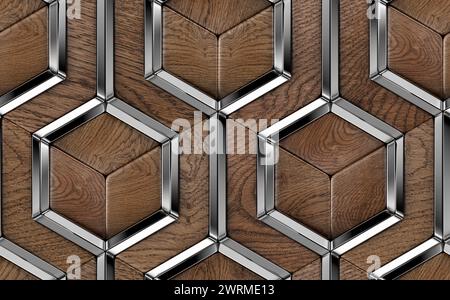 Luxuriöse 3D-Fliesen aus massiven Edelholzelementen und Dekorelementen aus silberfarbenem Chrom. Hochwertiges, nahtloses, realistisches Muster. Stockfoto
