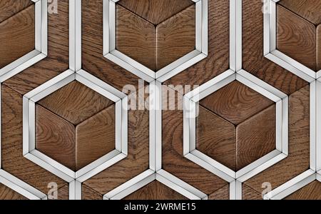 3D-Fliesen aus edlen Holzelementen und weißen Dekoelementen. Hochwertiges, nahtloses, realistisches Muster. Stockfoto