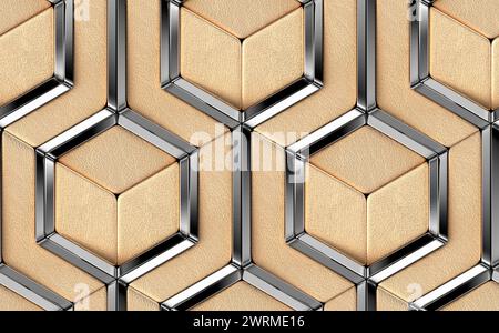 Luxuriöse 3D-Fliesen aus goldenen Lederelementen und Dekoelementen aus silberfarbenem Chrom. Hochwertiges, nahtloses, realistisches Muster. Stockfoto