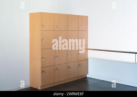 Moderne Holzschränke in einem hellen Innenraum mit Chromgriffen und minimalistischem Design. Stockfoto