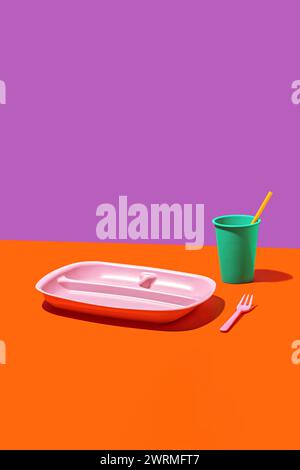 Minimalistisches Geschirr aus Kunststoff mit rosafarbenem Tablett, grüner Tasse mit Strohhalm und roter Gabel auf zweifarbigem Hintergrund. Stockfoto