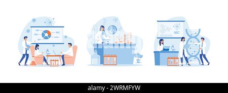 Laborinnenraum, Ausrüstung und Laborglas, chemische Laboranalyse Laboranalyse Frauen Laborassistent, medizinische Mikrobiologie ve Stock Vektor