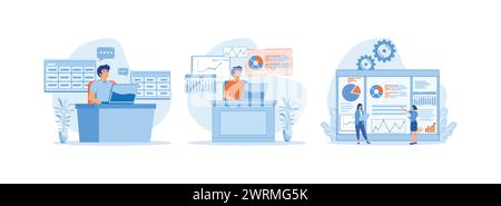 Internes Marketing, Werbung für Unternehmensziele, Verwendung von Laptop- und Excel-Tabellen, Büromitarbeiter studieren die Infografik, die Analyse der Entwicklung Stock Vektor
