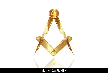 Goldenes Freimaureremblem, Freimaurerquadrat und Kompasssymbol. Alle sehen Augen Gottes im Dreieck der heiligen Geometrie, Mauerwerk und Illuminati-Symbol, Logo Stock Vektor