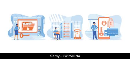 Sicherheit bei Online-Zahlungen, Serversicherheit und Datenschutzkonzept, Services zum Schutz personenbezogener Daten. Cyber Security Set flache Vektor moderne Illustration Stock Vektor