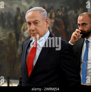 Jerusalem, Israel. März 2024. Der israelische Premierminister Benjamin Netanjahu in der Knesset, dem parlament, in Jerusalem am Mittwoch, den 13. März, 2024. Foto: Debbie Hill/ Credit: UPI/Alamy Live News Stockfoto