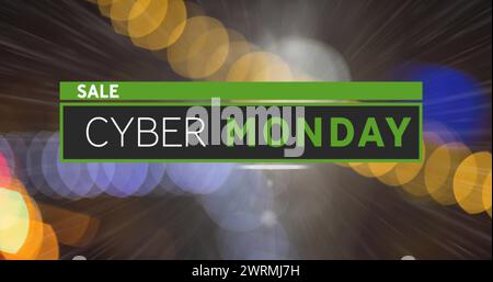 Digitales Bild von Cyber monday Verkauf Text gegen bunte Lichtflecken auf grauem Hintergrund Stockfoto