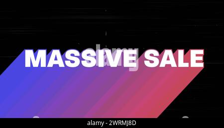 Bild des massiven Retro-Verkaufstextes mit regenbogenfarbenem Schatten auf schwarzem flackerndem Hintergrund Stockfoto