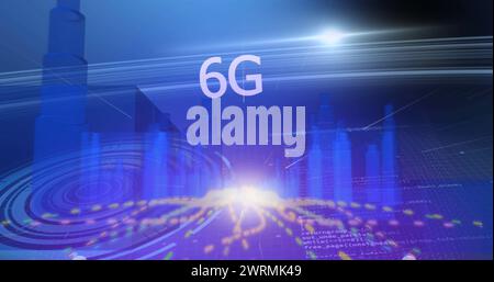Bild von 6 g Text und leuchtenden Lichtspuren mit futuristischer blauer Stadt im Hintergrund Stockfoto