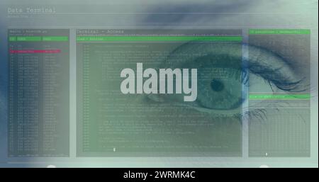 Bild des blauen Auges der Frau mit schnell scrollenden digitalen Informationen und weißen und grünen Linien Stockfoto