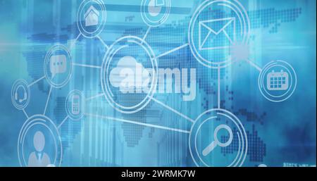 Abbildung mehrerer verbundener technologischer Symbole über einer Pixel-Weltkarte und einem Serverraum Stockfoto