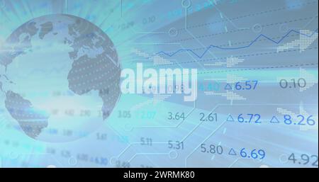 Bild bewegter Daten und Informationen mit Diagrammen über die Drehbewegung des Globus Stockfoto