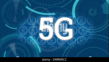 Digitales 5G-Bild mit dynamischen Kreisen und Personensymbolen auf blauem 4K-Hintergrund. Stockfoto