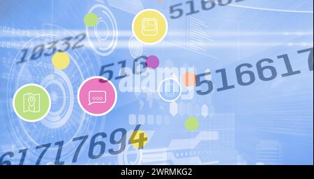 Bild von sich ändernden Zahlen, digitale Symbole über Scopes, die auf blauem Hintergrund gescannt werden Stockfoto
