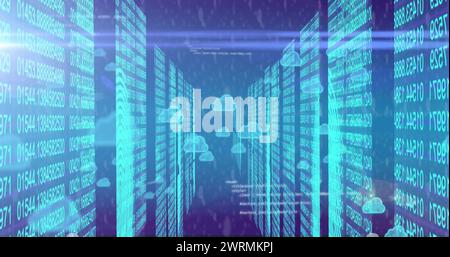 Bild von Cloud-Symbolen, Datenverarbeitung und Verbindungen über Computerserver Stockfoto