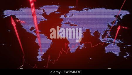 Bild von Pfeilen und Datenverarbeitung über Weltkarte Stockfoto