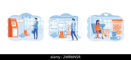 Steuererklärung. Ein erfolgreicher Geschäftsmann senkt hohe Steuern mit einer Schere. Riesiges Dokument für Steuerrückerstattungen. Steuererklärung Set Flat Vektor Moderne Illustration Stock Vektor