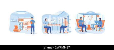 Finanzberater, Business Financial. Geschäftsmann, der mit einer Finanzberaterin spricht. Moderne Illustration des flachen Vektors festlegen Stock Vektor