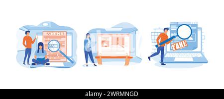 Fake News. Wichtige Neuigkeiten. Mann mit Lupe überprüft gefälschte Nachrichten auf der Website am Computer. Moderne Illustration des flachen Vektors festlegen Stock Vektor