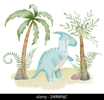 Dinosaurier in der Natur Aquarellillustration. Handgezeichnet auf isoliertem Hintergrund. Dino und Palmen für süßes T-Shirt mit Cartoon-Print für Jungen oder Mädchen. Perfekt für Geburtstagskarte oder Einladung zur Babyparty. Stockfoto