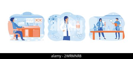 People Scientists forschen im Laborprozess. Wissenschaftler mit Kolben, die an der Entwicklung antiviraler Behandlungsmethoden arbeiten. Analyse und Prüfung von Impfstoffen. S Stock Vektor